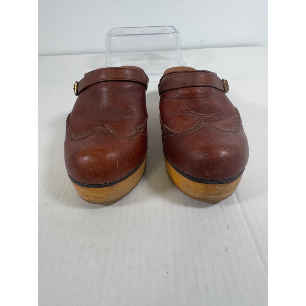 Frye Leather Wooden Platform Clogs Women 6 B Cognac Brown Wingtip Mules Retro - Picture 6 of 9